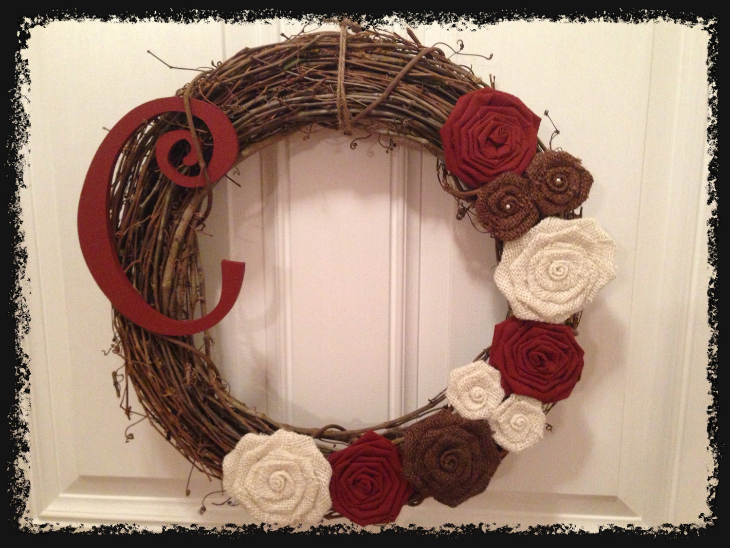 Grapevine White/Cream, Brown Burlap and Rusty Red Fabric Wreath with Painted Wood Letter-