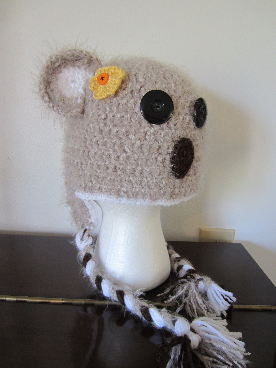 KOALA BEAR HAT.  Very Soft Brown Koala Hat with Braids and Flower.