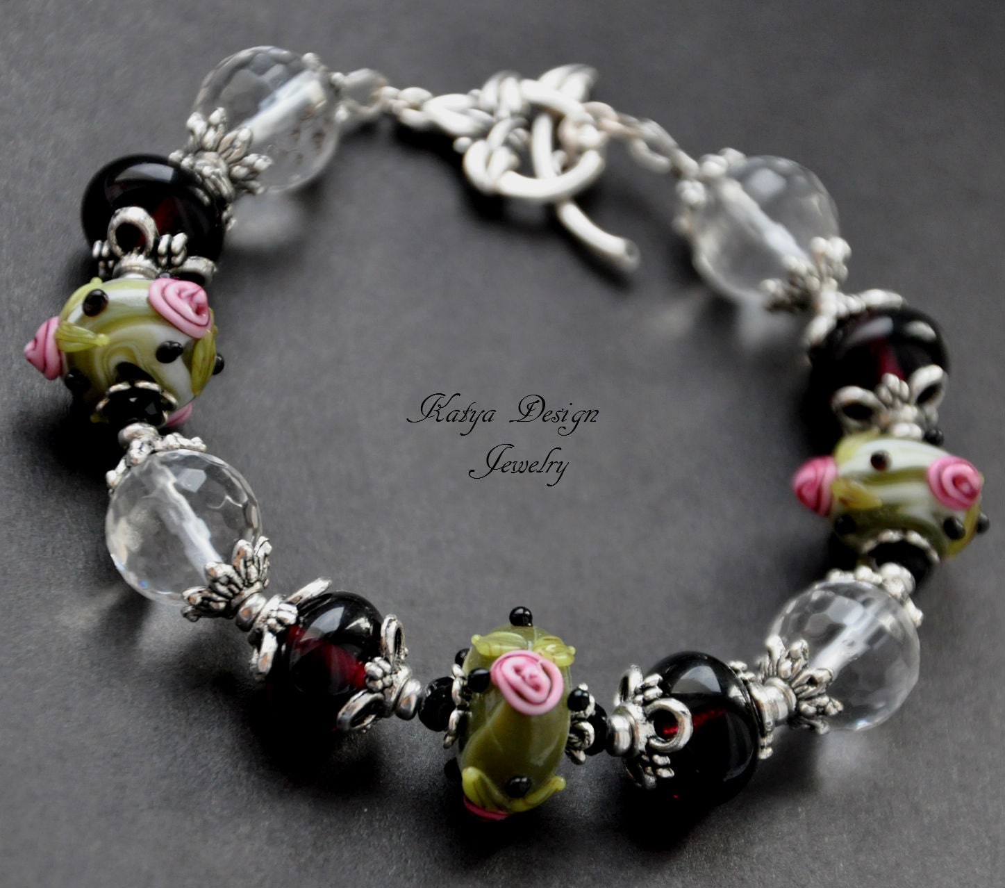 Reserved Bracelet "flowers in ice" lampwork, quartz