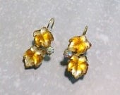 Vintage Bridal Czech Amber Art Glass Earrings, W Germany Gold