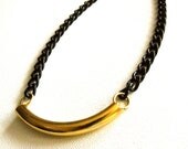 Luxe Black & Gold Macaroni Charm Necklace - Curved Tube Bead with Chunky Black Metal Chain