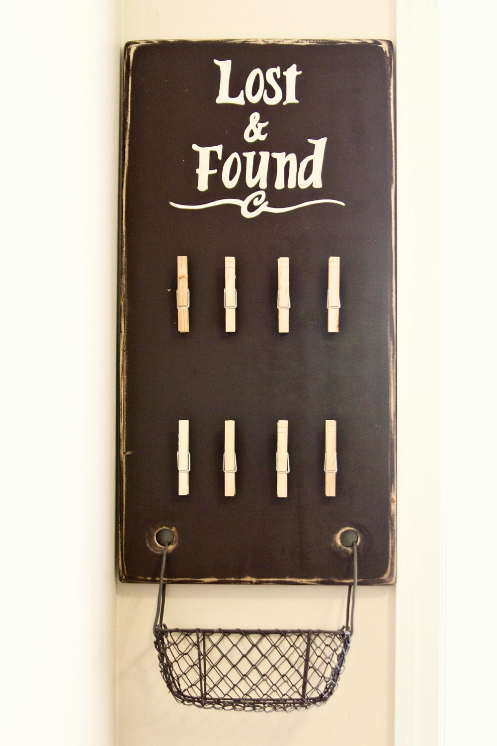 Lost & Found Board Sign - Laundry Wall Decor Organization for Lost Socks - Chocolate Brown with Ivory Text