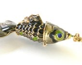 Retro Fish Necklace, Koi Fish Pendant, Green and Gray, Vintage Jewelry, Lariat Long Necklace