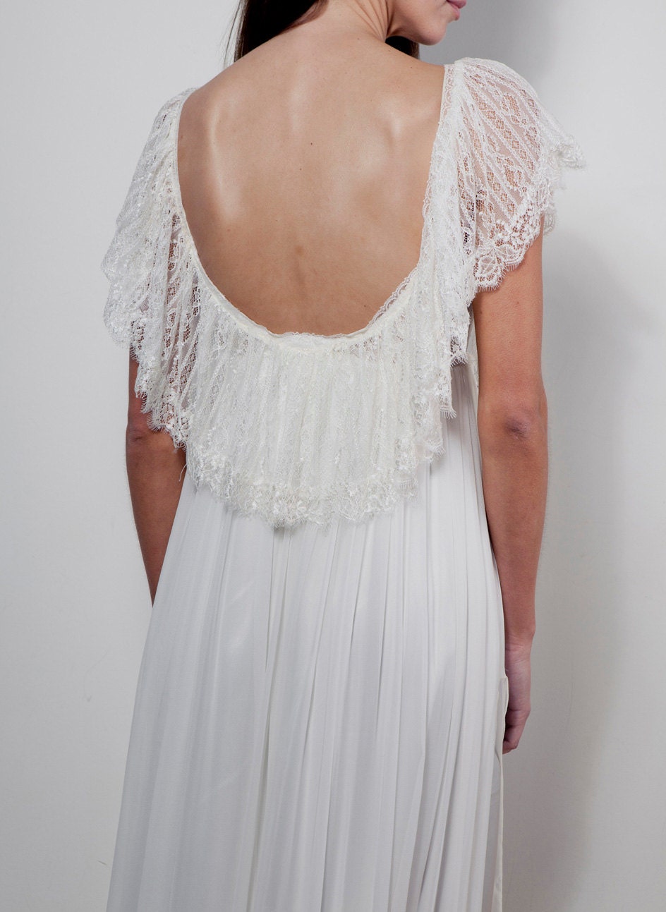 Stunning low lace back wedding dress with silk chiffon body perfect for beach or garden vintage bohemian wedding