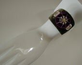Cuff Bracelet Handmade from Brass covered with Green Burgundy Velvet and decorated with Rhinestones and Crystals.