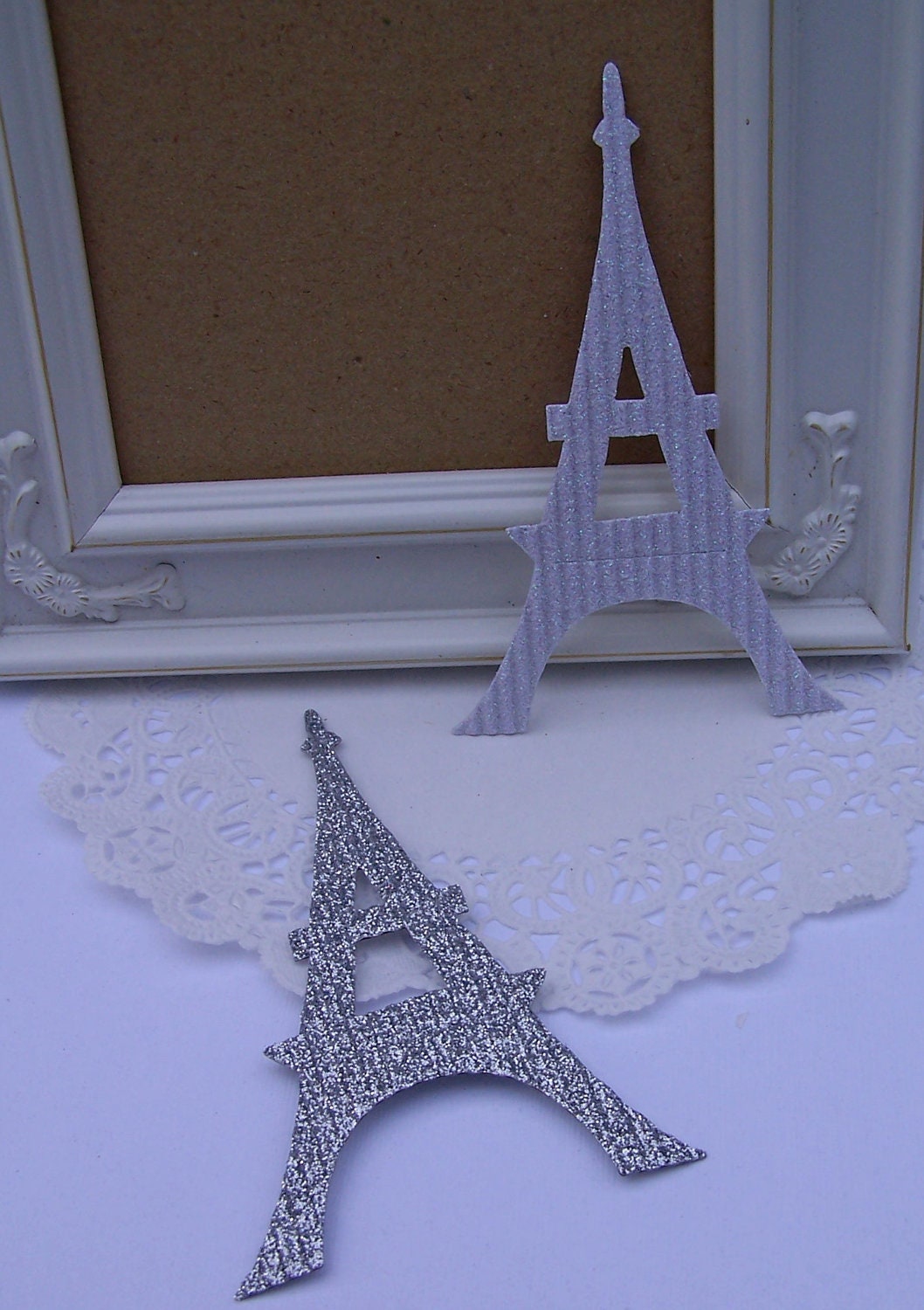 Glitter Eiffel Towers - silver - white - QTY 5 -  Wedding - Valentine's Day -Embellishment, Gift Wrap, Packaging, Decor, Scrapbooking