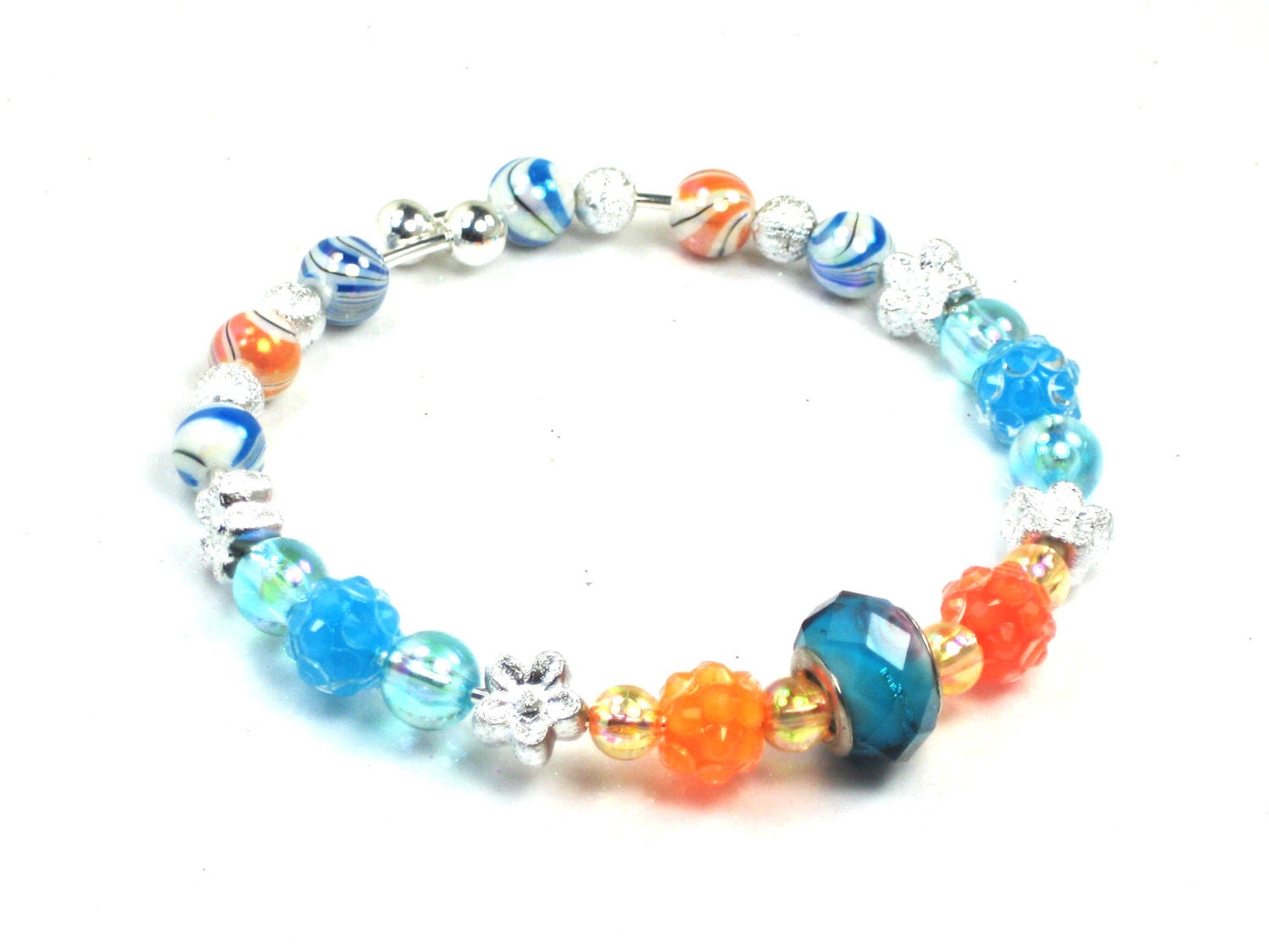 Blue and Orange Bangle Bracelet Silver Shiny Bangle Blue Flash Beads Lampwork Beads Bangle Orange Shamballa Beads Flower Beads Silver Bangle