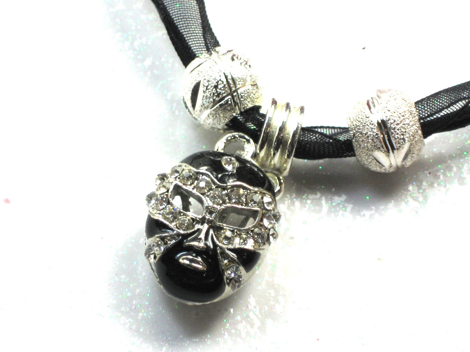 Black Carnival Mask Charm Necklace Pendant  Black Ribbon Necklace Black Carnival Mask Charm Silver bead Black Mask Ribbon Necklace