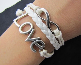 silvery infinity love bracelet with white ropes leather women jewelry bangle men leather bracelet  unisex bracelet  1360A
