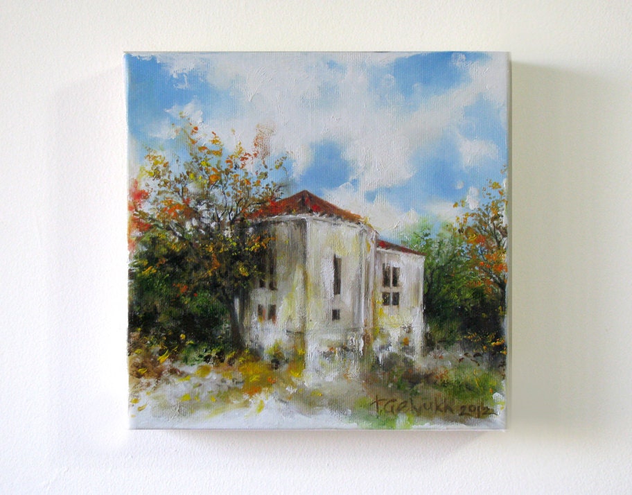 Original Painting Oil on Canvas READY TO HANG Autumn Landscape / Country House / blue, green, brown, white, yellow, orange