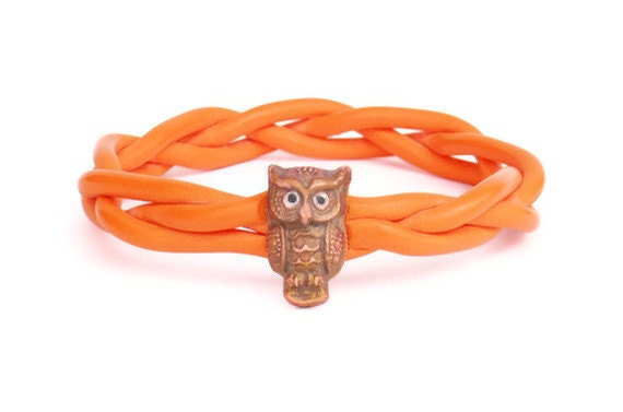 Owl Bracelet - Orange Bangle Bracelet - Polymer Clay Jewelry