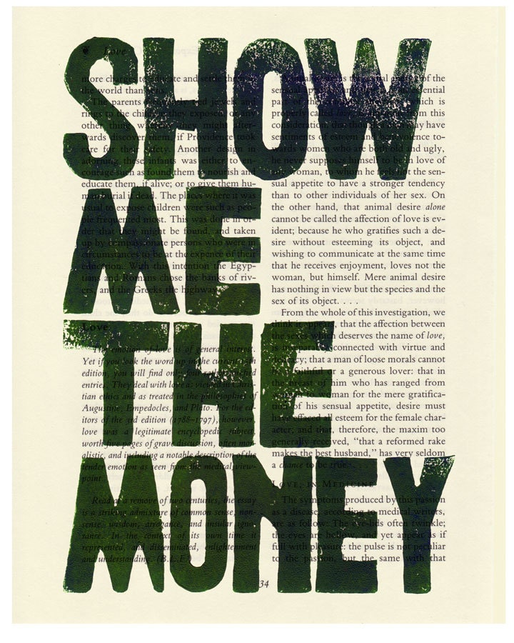 Show me the MONEY PRINT on salvaged page book art print from original linocut design