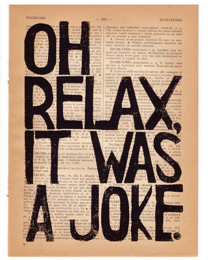 RELAX IT was just a JOKE inspirational quote print on salvaged page book art print - home office wall art children wall art decor