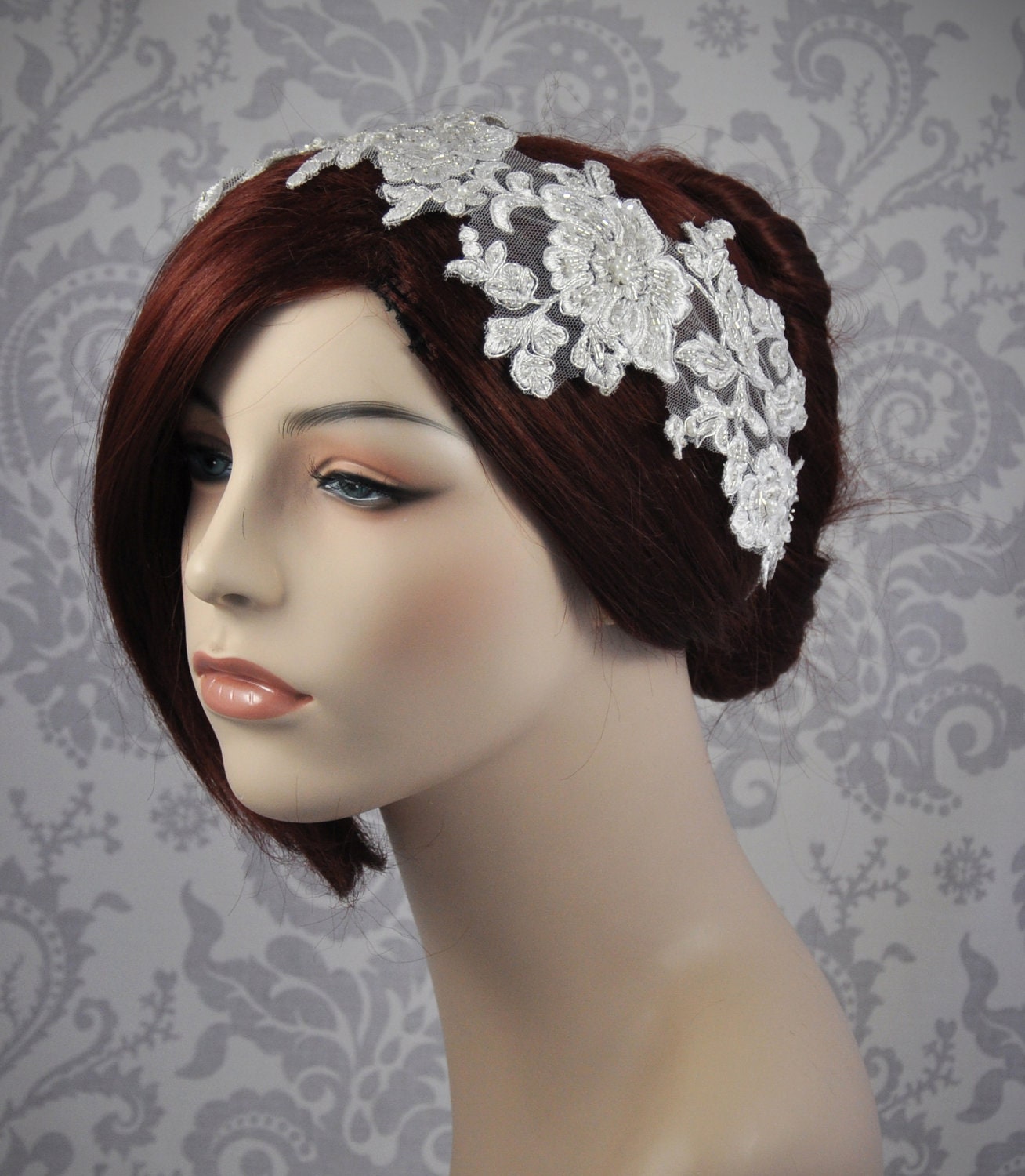 Bridal Head Piece, Ivory Bridal Hair Accessory, Bridal Cap, Bridal Headband, Lace Hair Accessory, Off White Lace Headband, white, Ivory