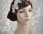 Birdcage Veil, Ivory English Net, Merry Widow Veiling, Bridal Birdcage Veil Headband, Wide Net Veil, Lace Headband with Veil, Pearl Lace