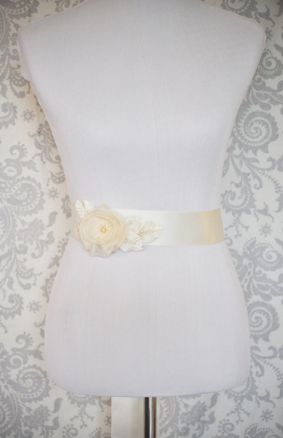 Handmade Flower and Pearl Satin Bridal Sash, Flower Sash, Bridal Belt with Bow, Silk Flowers, 2 inch, ivory, white, black