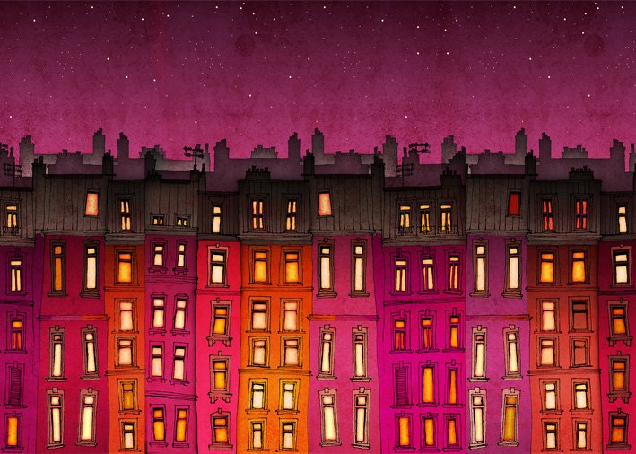 Paris illustration - Paris red facade (landscape) - Fine art illustration, Fine art prints, Art Posters, Love,Paris art,Paris decor,red