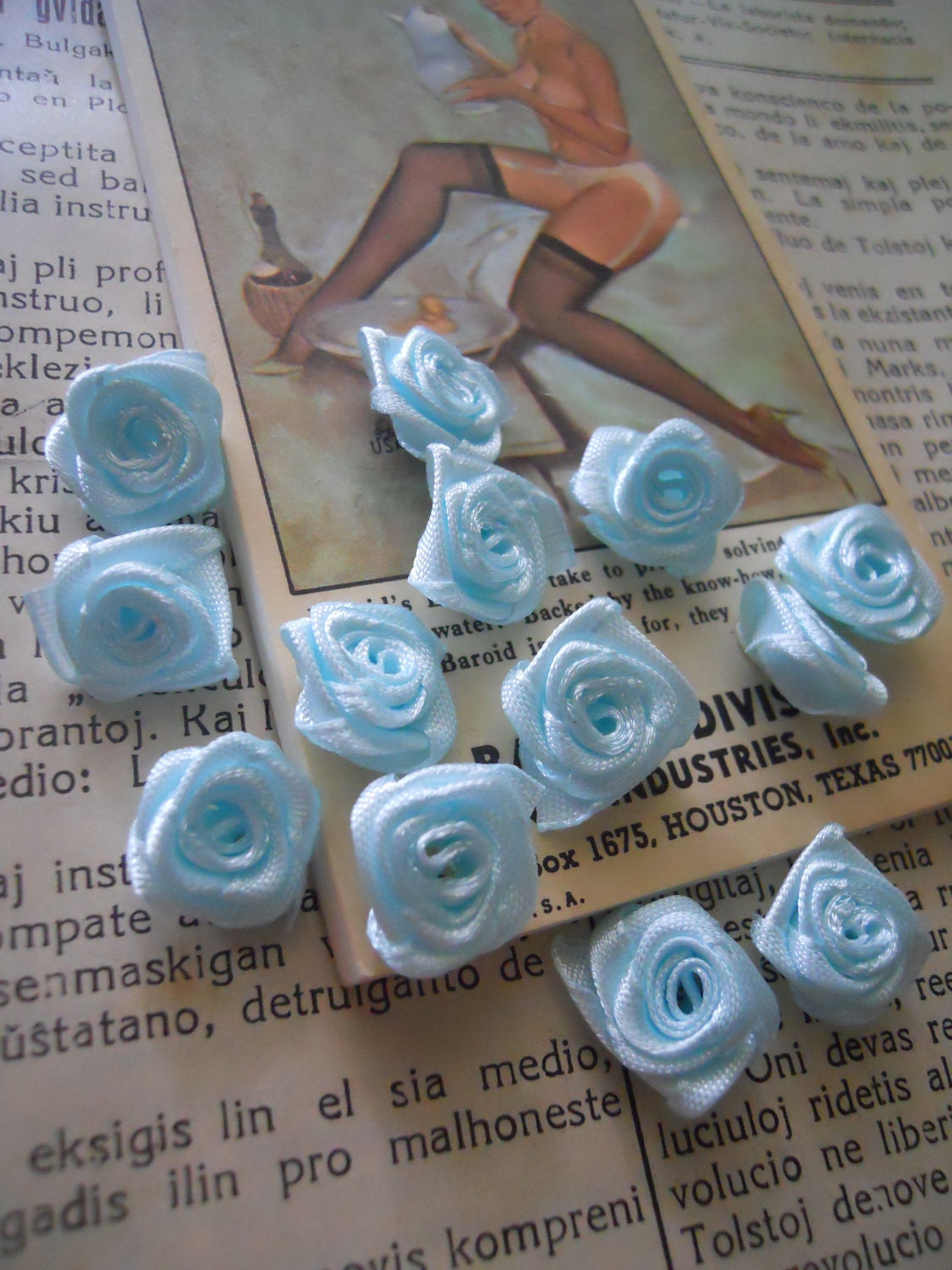 A Dozen Little Blue Silk Ribbon Handmade Roses