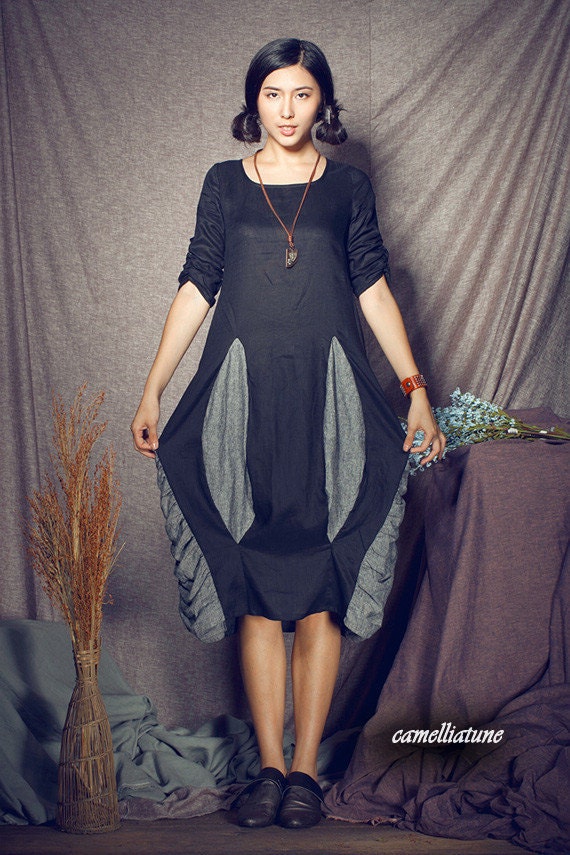Patchwork Ruffle Dress in black / Linen Dress/ Long dress- custom made