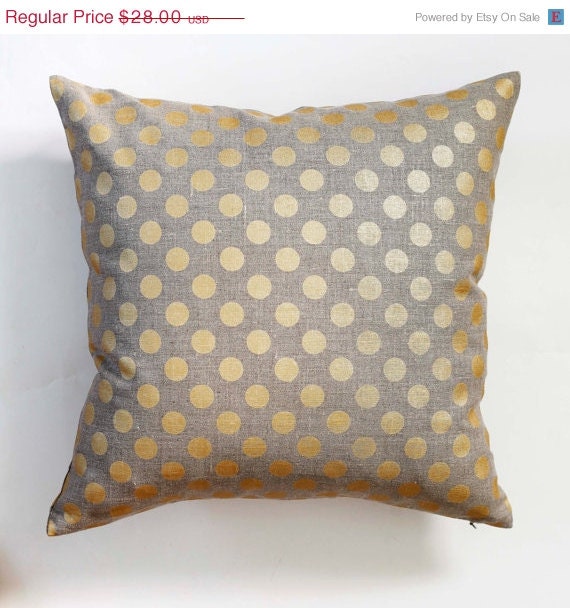 ON SALE Linen gray pillow cover with gold print dots - decorative covers - shams - throw pillows - polka dot pattern- 20x20