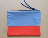 Chambray & Coral Color Blocked Zippered Pouch