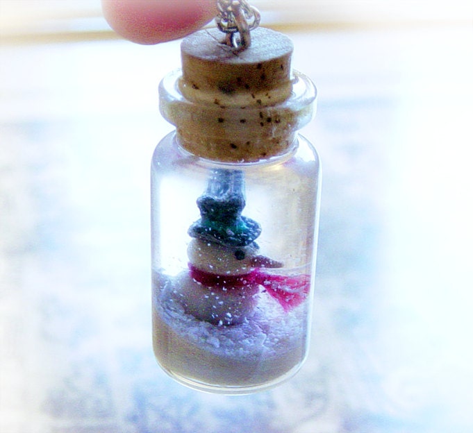 Bottle necklace, snowman and a winter wonderland scene, snow globe, bottle pendant