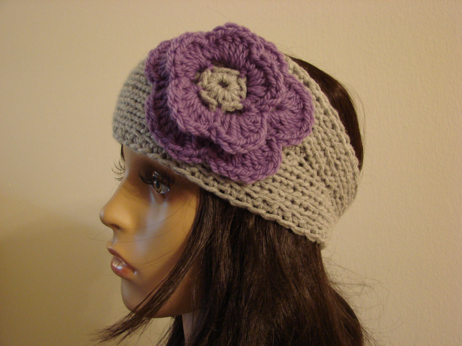 Woman girl knit headband with crocheted flower handmaded purple grey ski soft wool blend earwarmer