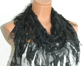 Black Fringed Womens Scarves, Shabby chic, worn out appearance, Scarf,Cowl,Shawl,Wrap,Bandana,Headband,Beach Pareo