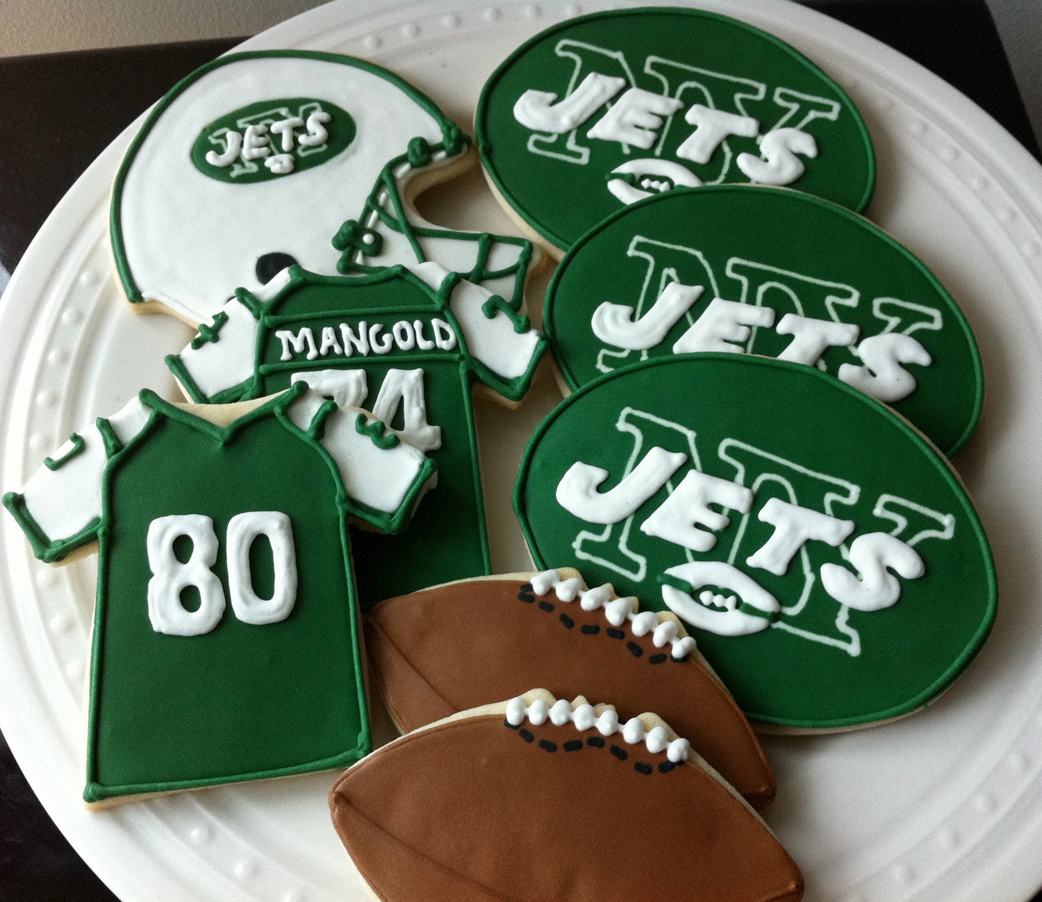 New York Jets Football Decorated Cookies- jersey, helmet, football, team logo