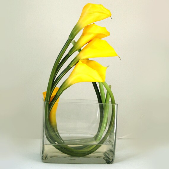 Real Touch Yellow Calla Lily Square Glass Vase by flovery on Etsy