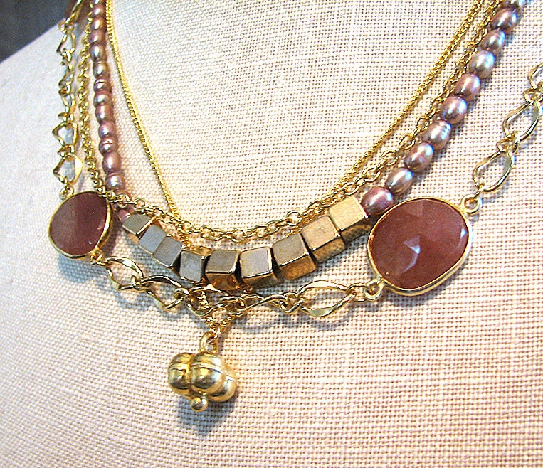 Beaded gold chain necklace Multi strand necklace Layered necklace Taupe pearl and gold multistrand statement gemstone beaded jewelry
