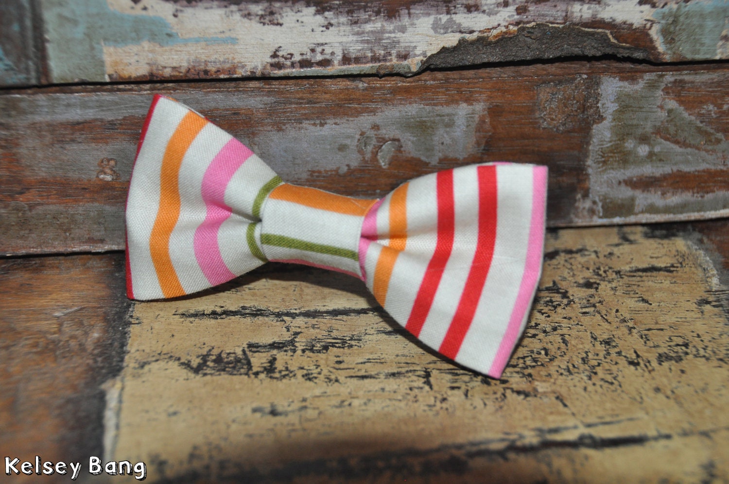 boys easy clip on bow tie - cream with pink, red, orange, green stripes
