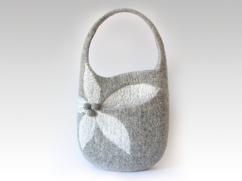 Felt bag, natural gray,  flower bag, medium sized bag