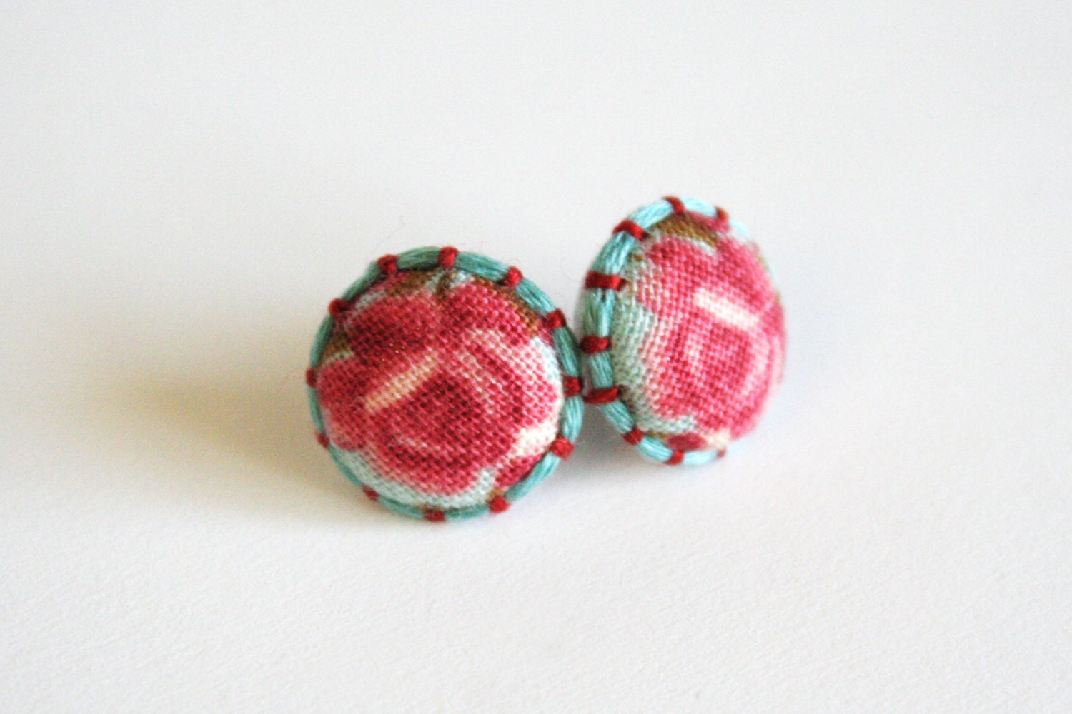 Cotton Rose Fabric Button Stud Earrings with light blue sea wave and dark red border