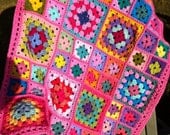 Crocheted afghan kaleidoscope granny square BABY afghan baby blanket 27"x34" with pink border READY to SHIP
