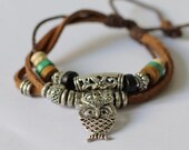 011 Handmade brown leather bracelet Charm bracelet Fashion jewelry Bracelet Cuff Owl and bead