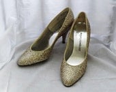 Gold w/Silver Glitter High Heel Shoes 6 Christmas Vintage Holiday