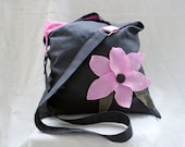 Linen tote bag with pink linen flower, gray, one of a kind