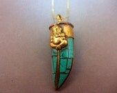 Ganesha Tibetan Brass Turquoise Horn Necklace - Boho Celebrity Style