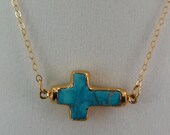Turquoise Sideways Cross Necklace Cross edged in 24k gold on gold fill chain