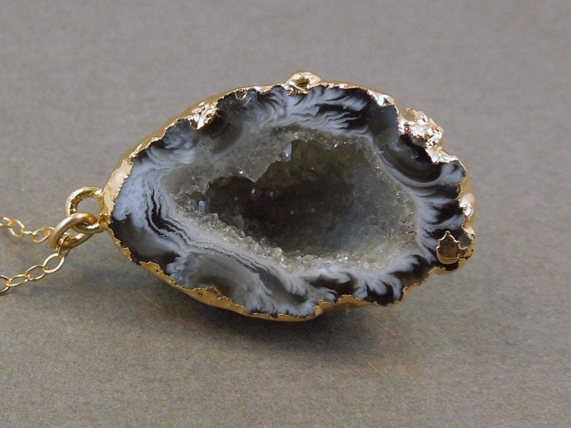Geode Druzy Pendant Necklace edged in gold on goldfill chain