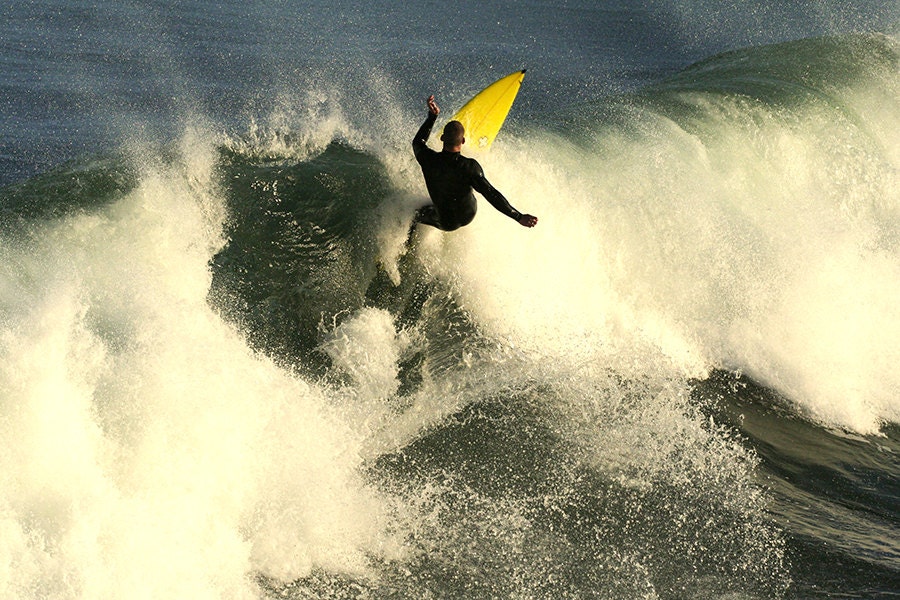 Surf Photography, Summer ocean sports photo, Yellow surf board with cross, Atlantic ocean waves 8x12 or 8x10