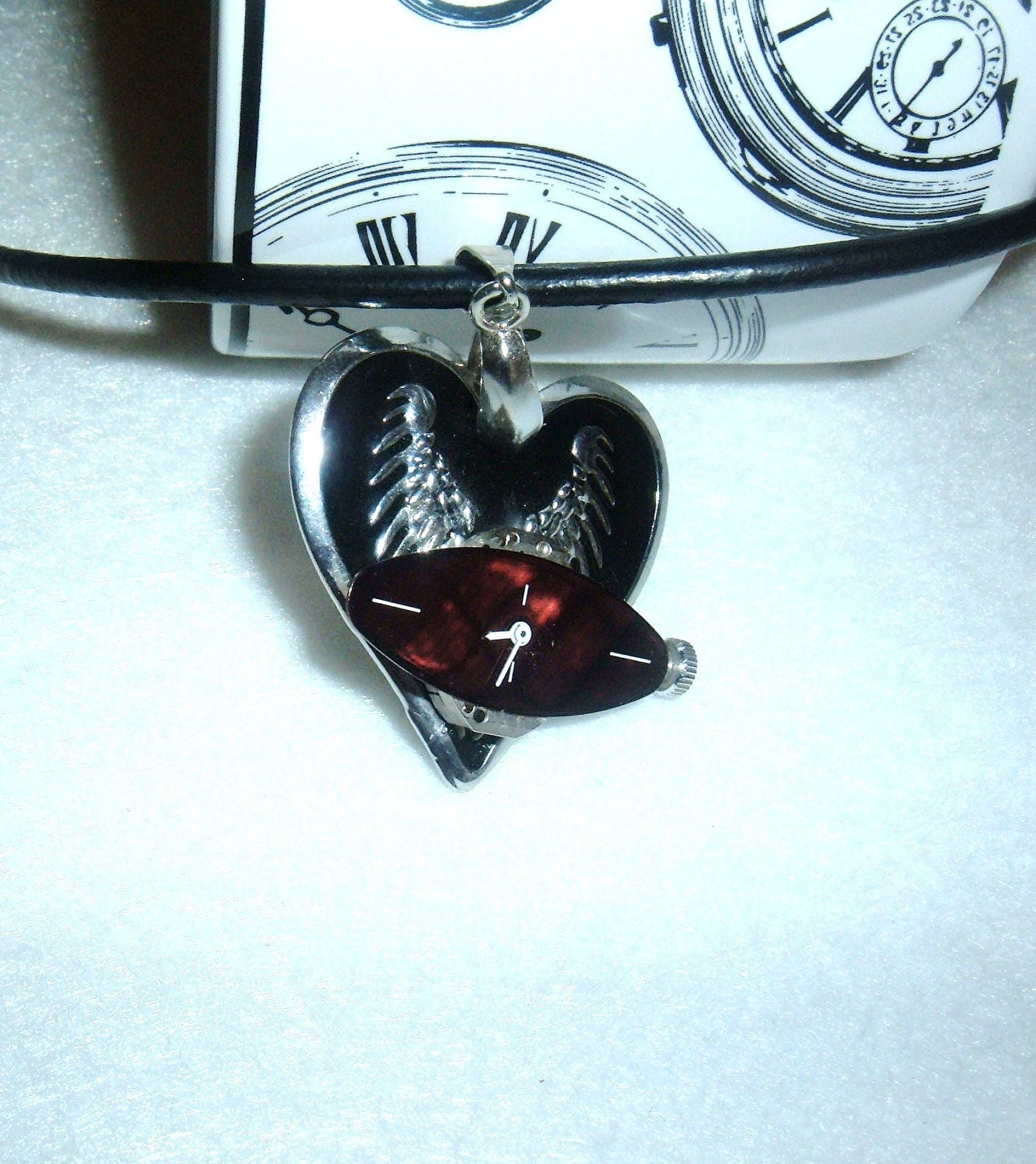 Vintage Watch Movement with Dial and Hands Set Onto Enamel Wings STEAMPUNK Necklace  OOAK