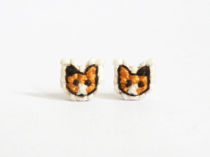 Calico cat cross stitch earrings, gifts for cat lovers, kitten earrings, miniature kitten earrings, gifts under 15