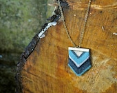 Chevron - Knitted Pendant Necklace in Teal and Gold on Long Bronze Chain