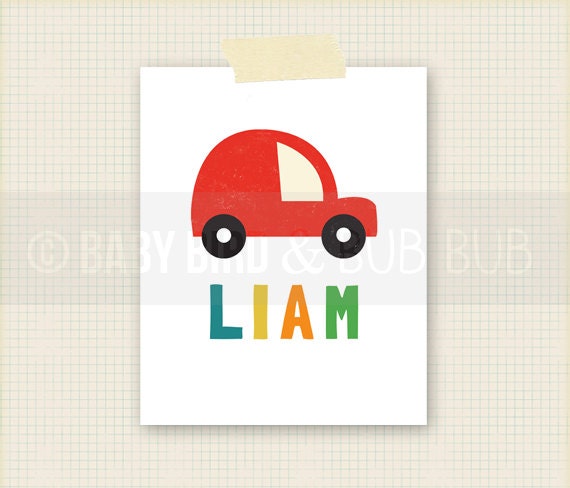 Red Car with Personalized Name - Kids Room Art - Baby Children Nursery Custom Wall Print Poste