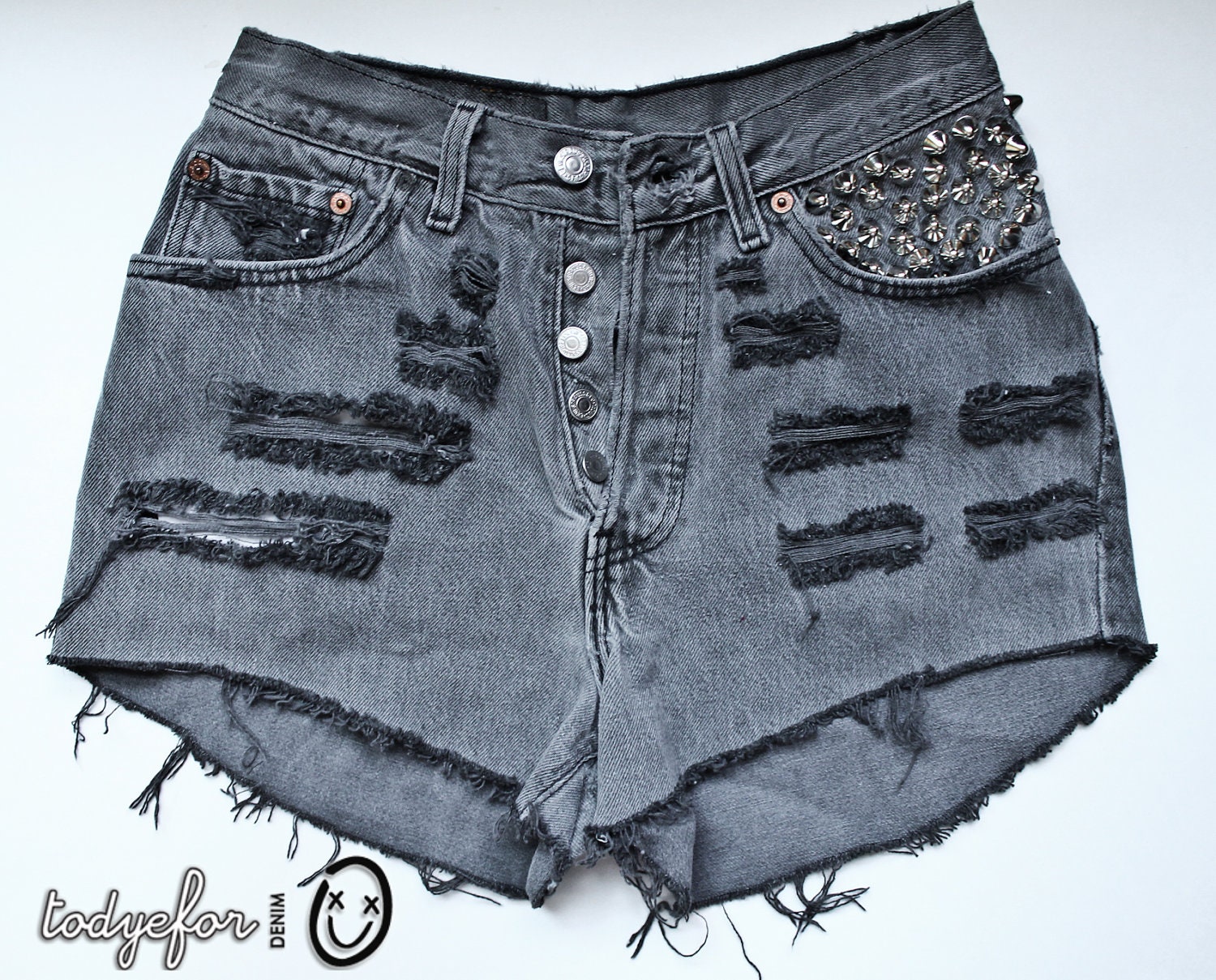 SALE - Grey Levi's Vintage Denim High Waisted Studded and Spiked Jean Shorts Cut Offs