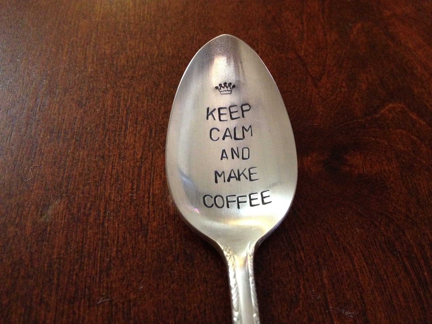 recycled silverware Keep Calm and Make Coffee- Hand Stamped Vintage Spoon for Coffee Lovers