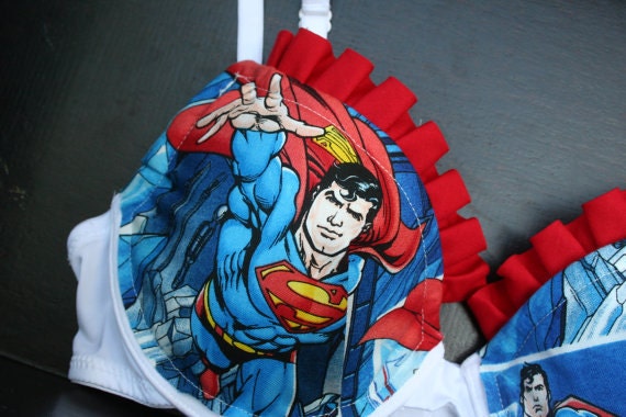 SUPER RUFFLED SUPERMAN Push-Up Set: White Push-Up Bra with Superman Comics Fabric and Matching Bow Panties
