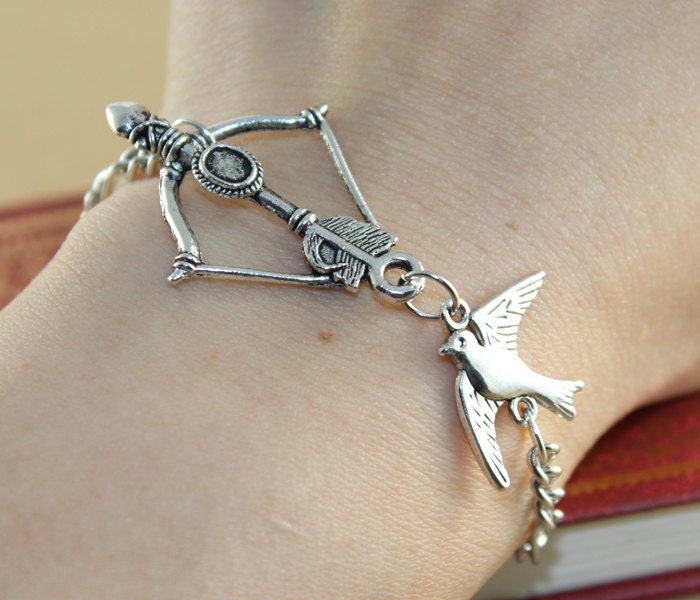 Th Katniss Bow with Mockingjay Bracelet, Antique Silver style:)